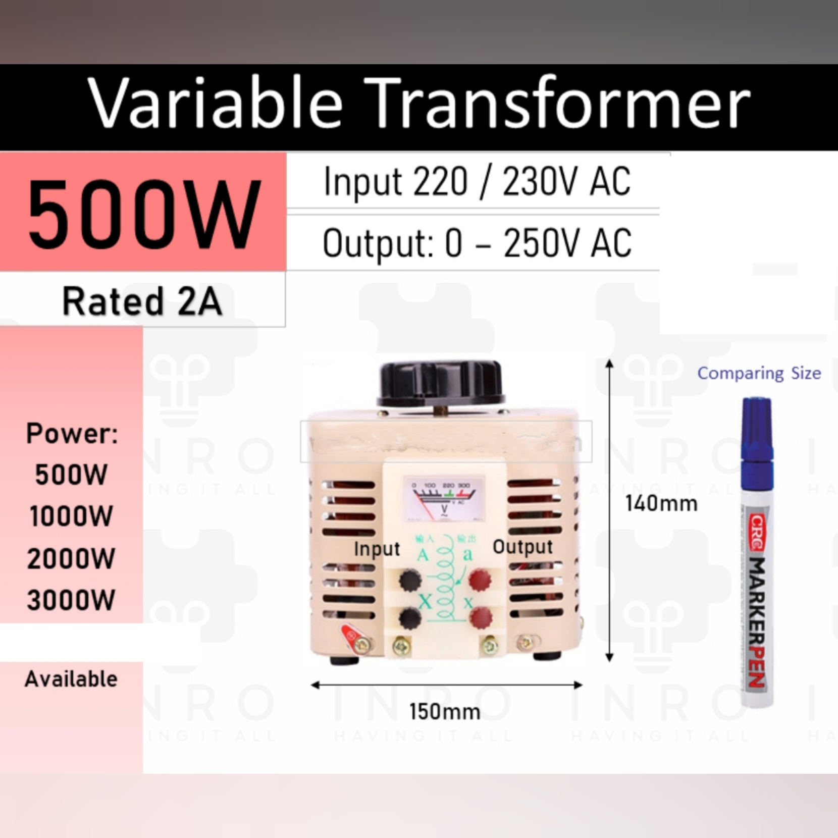 0.5KVA regulator transformer single phase step up Adjustable voltage 0-250v 12A 500W merubah 110v ke 220v stelan volt - Gambar 4